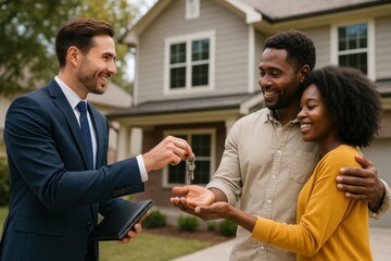 Happy couple receiving keys