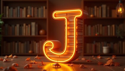 Glowing Letter J Stacked Books Autumnal Ambiance