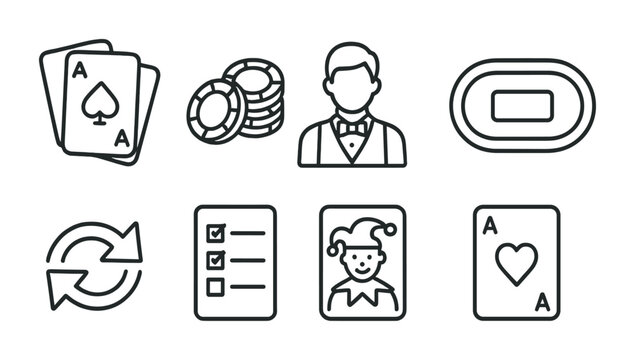 Casino game icon set – outline style gaming and gambling symbols for entertainment, betting, and cards: playing cards, poker chips, dealer, roulette, joker
