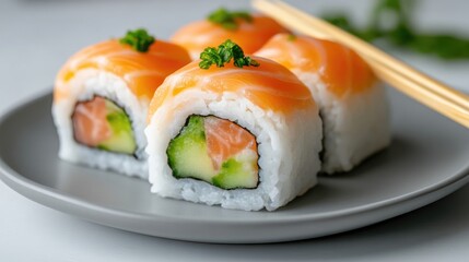 Fresh sushi rolls with salmon and avocado on a grey plate, garnished with green herbs, close-up shot on a light background, and culinary art concept.