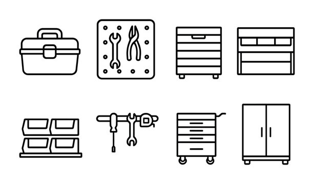 Workshop and garage organization icon set – outline style tools and storage symbols for diy projects, repair, and maintenance: toolbox, pliers, wrench, cabinet, drawers, rack, shelves