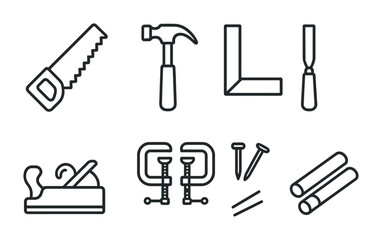 Carpentry tools outline icon set &ndash; minimalist woodworking and construction symbols for diy projects and home improvement: saw, hammer, square, chisel, plane, clamp, nails, logs