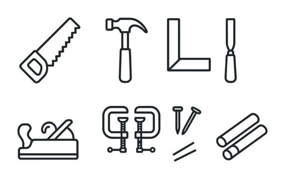 Carpentry tools outline icon set – minimalist woodworking and construction symbols for diy projects and home improvement: saw, hammer, square, chisel, plane, clamp, nails, logs