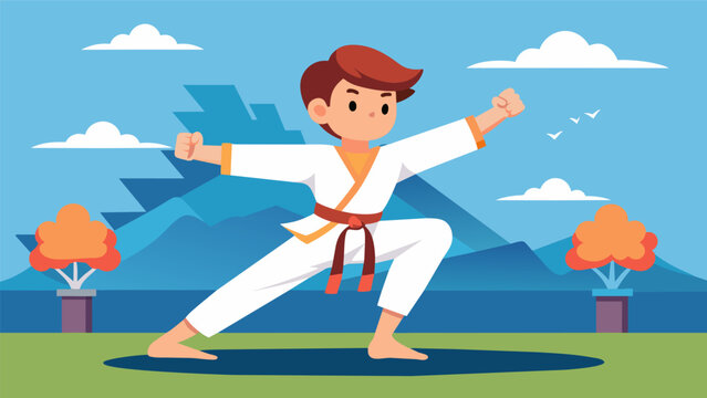 A young martial artist displaying impressive balance and technique as they participate in a karate session at the training camp.. Vector illustration