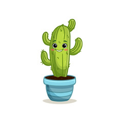 Cactus in a pot. Cute cartoon cactus with eyes on the white background. Funny cactus in flat style. Vector illustration

