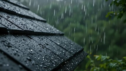 Dark roof tiles during a heavy rain shower. - Powered by Adobe