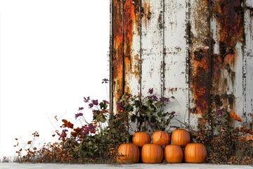  Pumpkins and autumn foliage rest against a rustic, rusty metal wall, creating a fall scene. © stockphoto02