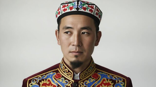 Uyghur man with thoughtful expression wearing traditional doppa and embroidered jacket on white background with copy space
