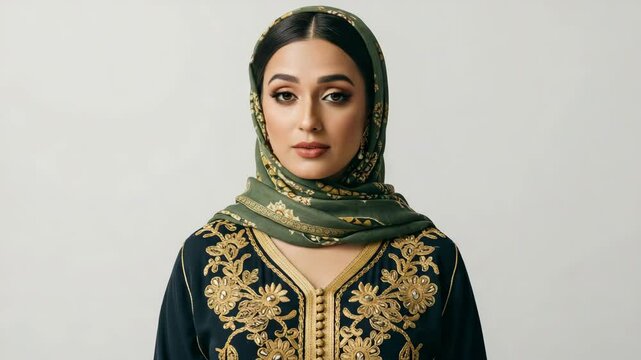 Moroccan woman with thoughtful expression raising eyebrow in photorealistic style on white background with copy space