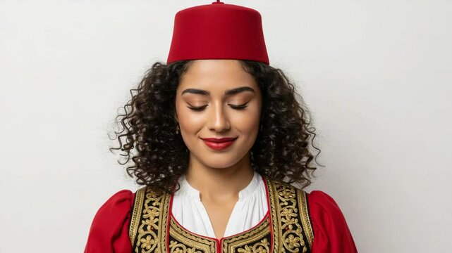 Photorealistic portrait of a smiling Greek woman in traditional Amalia dress and red fez cap against a neutral white background with copy space