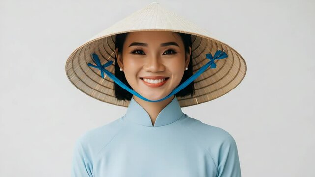 Vietnamese woman in light blue ao dai with gentle smile and soft shy gaze against neutral white background with copy space