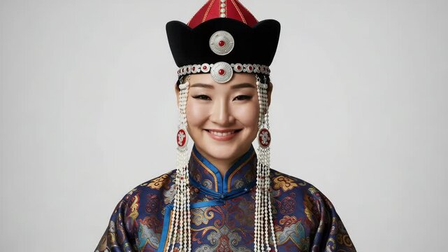 Mongolian woman in traditional ceremonial deel with shy smile and soft eye glance against neutral white background