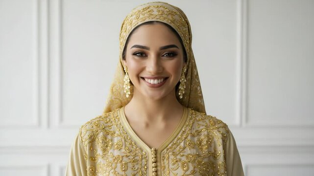 Moroccan woman with soft smile in golden embroidered kaftan and headscarf against white background with copy space