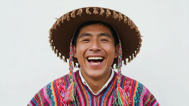 Smiling Peruvian man with warm joy wearing traditional poncho and chullo hat against white background with copy space