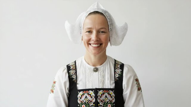 Dutch woman in traditional Volendam attire with a soft smile and natural blinking, front-facing against a white background with copy space