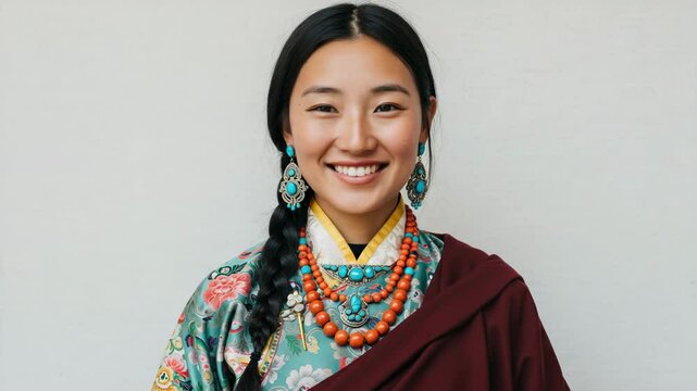 Tibetan woman with gentle smile wearing traditional chuba robe and turquoise jewelry against neutral white background