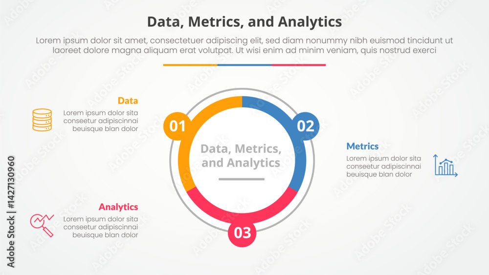 Poster data metrics and analytics infographic concept for slide presentation with big circle piechart outli