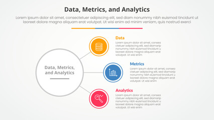 Data metrics and analytics infographic concept for slide presentation with circle link connection line network with 3 point list with flat style
