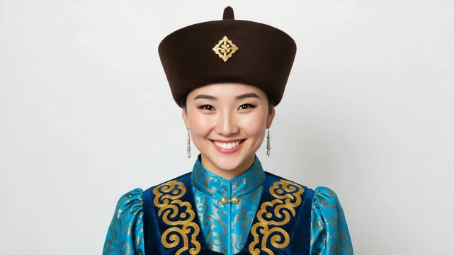 Kalmyk woman in traditional silk deel with soft smile and natural lighting against white background