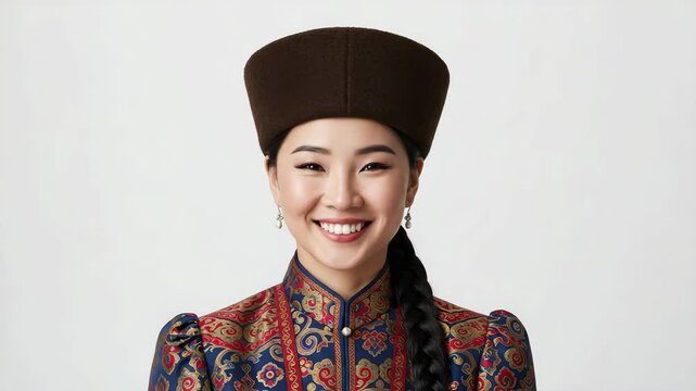 Kalmyk woman in traditional attire with a soft smile, blinking and head tilt, against a neutral white background with copy space
