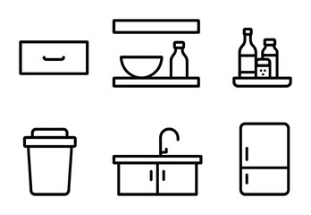 Kitchen essentials icon set – outline style cooking and household symbols for culinary, home organization, and design: drawer, shelf, spice rack, trash can, sink, fridge