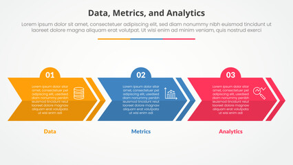 Data metrics and analytics infographic concept for slide presentation with creative arrow horizontal block shape with 3 point list with flat style