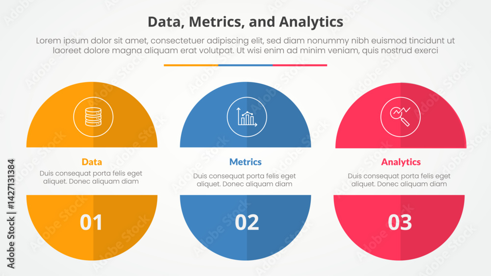 Aufkleber data metrics and analytics infographic concept for slide presentation with big circle cut truncated 
