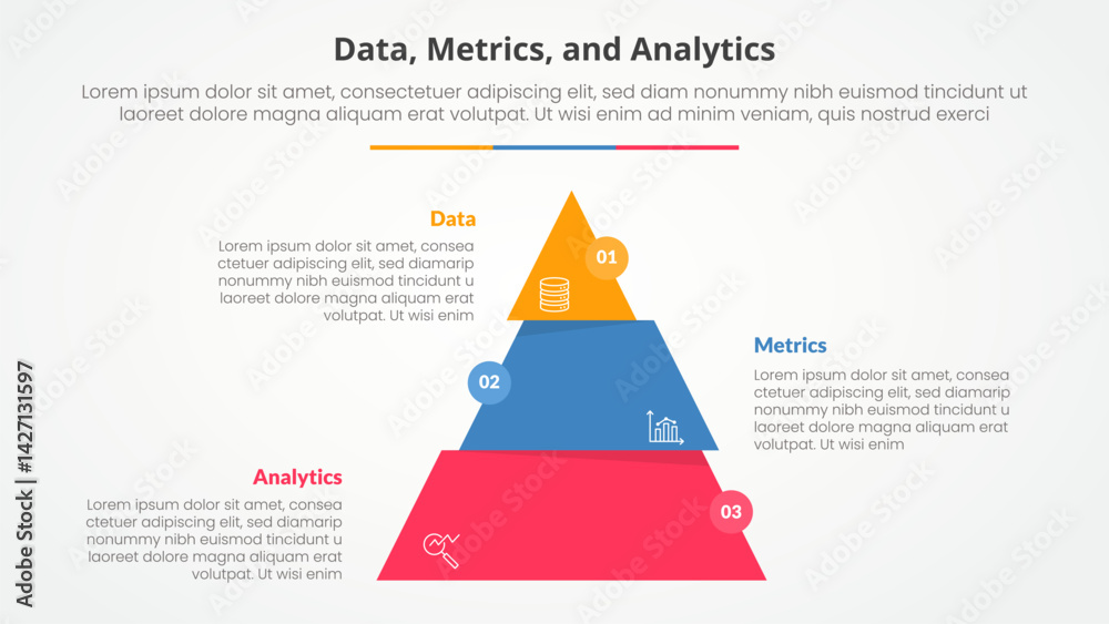 Poster data metrics and analytics infographic concept for slide presentation with pyramid slice divide move