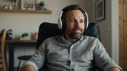 Obraz premium man in wheelchair listening to music on headphones. Concept of inclusivity and ability to have fun