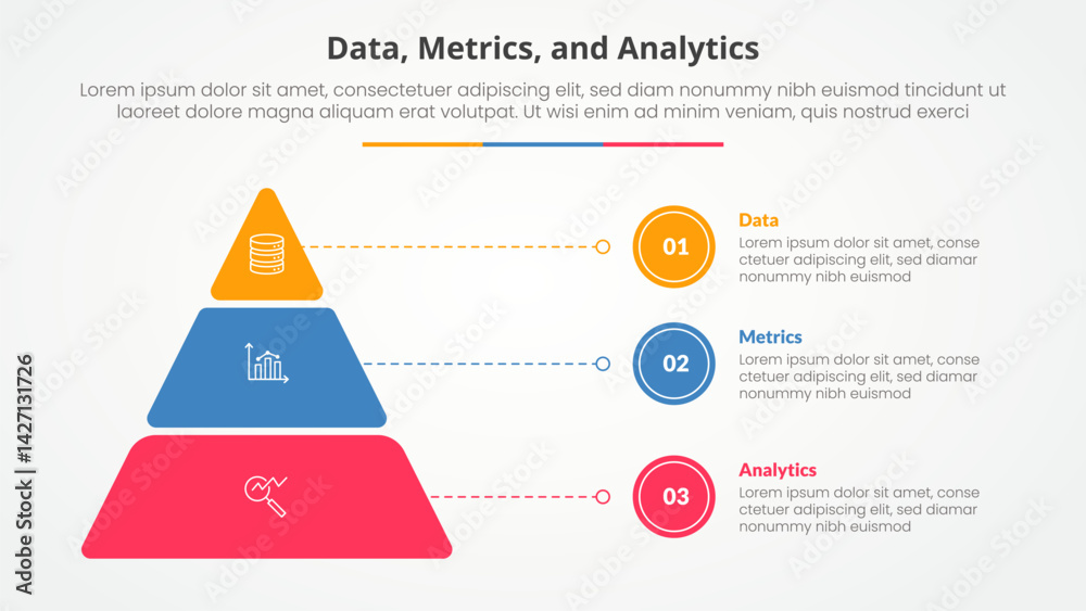 Poster data metrics and analytics infographic concept for slide presentation with round pyramid and line po