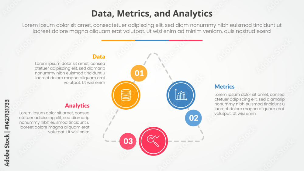 Poster data metrics and analytics infographic concept for slide presentation with triangle cycle circular o