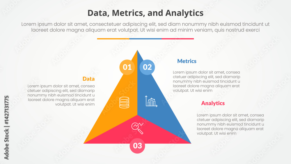 Poster data metrics and analytics infographic concept for slide presentation with triangle cycle circular c