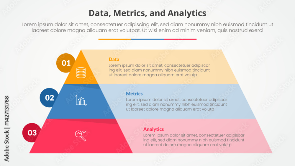 Aufkleber data metrics and analytics infographic concept for slide presentation with pyramid and rectangle box