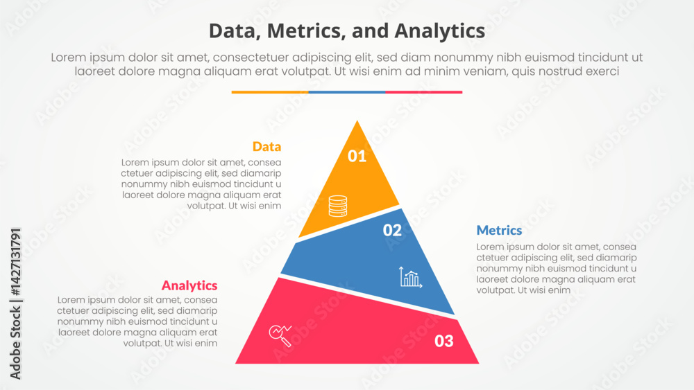 Poster data metrics and analytics infographic concept for slide presentation with slice pyramid unbalance w