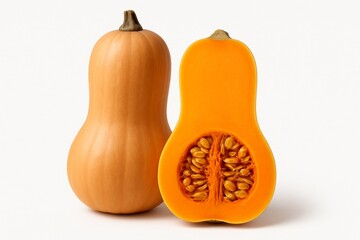 Butternut Squash Cut in Half Revealing Bright Orange Flesh and Seeds on a Plain Background