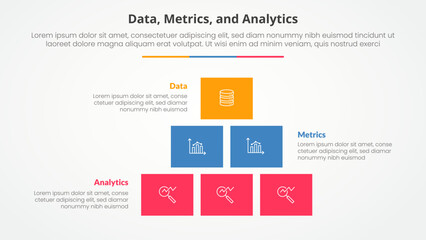 Data metrics and analytics infographic concept for slide presentation with box rectangle pyramid structure with 3 point list with flat style