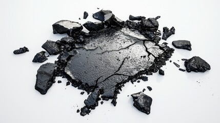 Cracked asphalt pavement with broken pieces scattered across a white surface in bright natural light