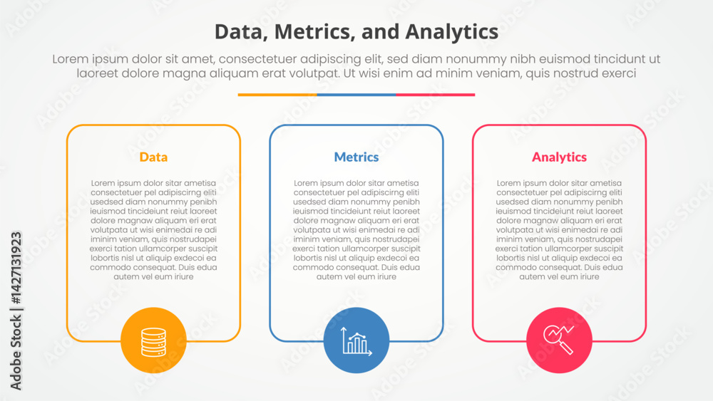 Poster data metrics and analytics infographic concept for slide presentation with big box outline with circ