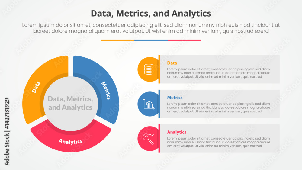 Poster data metrics and analytics infographic concept for slide presentation with big pie chart shape and r