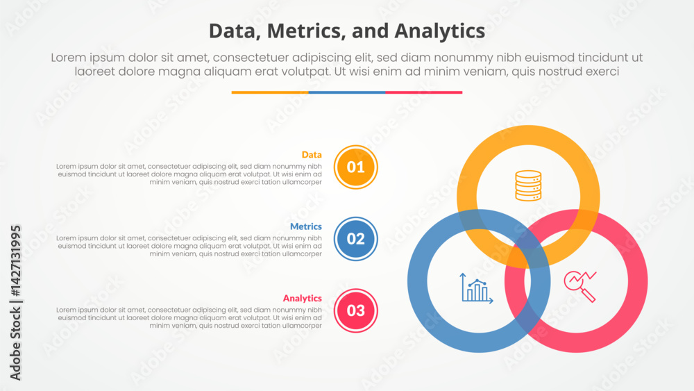 Poster data metrics and analytics infographic concept for slide presentation with big circle blending conne