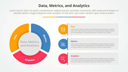Data metrics and analytics infographic concept for slide presentation with big pie chart shape and round rectangle box with 3 point list with flat style vector