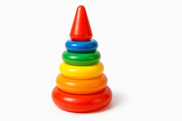 Colorful Stacking Toy With Rings Arranged in a Pyramid Shape on a Plain White Background