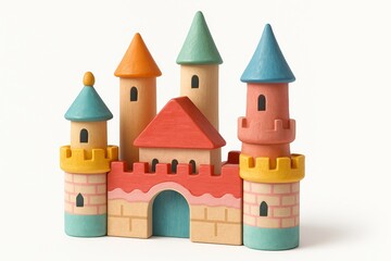 Colorful Wooden Toy Castle With Turrets and Drawbridge for Imaginative Play