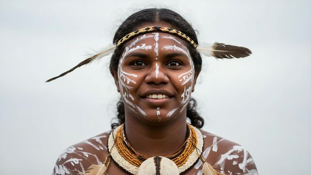 Smiling Aboriginal Australian woman with cultural body paint and traditional accessories, warm expression, front-facing, neutral white background with copy space