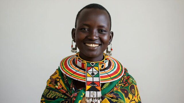 Smiling South Sudanese woman with warmth and natural charm against neutral white background with copy space