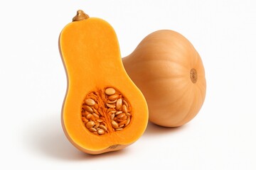 Butternut Squash Cut in Half Revealing Seeds and Vibrant Orange Flesh on Plain Background
