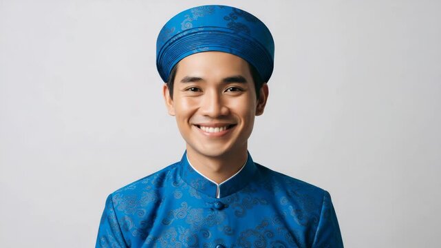 Vietnamese man in traditional blue ao dai and khăn đ&oacute;ng turban smiling gently against a neutral white background