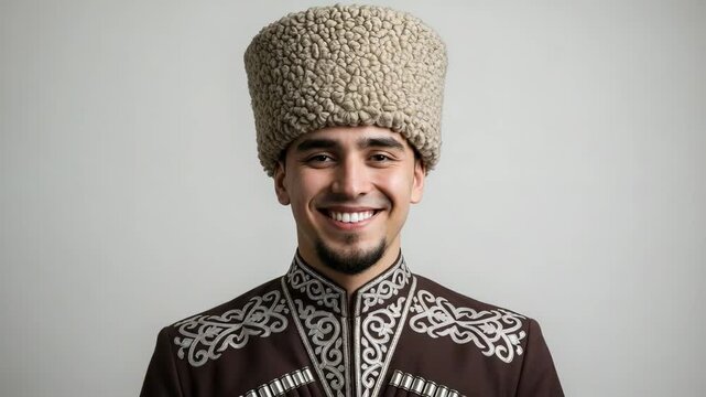 Chechen man with warm smile wearing traditional papakha hat and chokha portrait against neutral white background with copy space