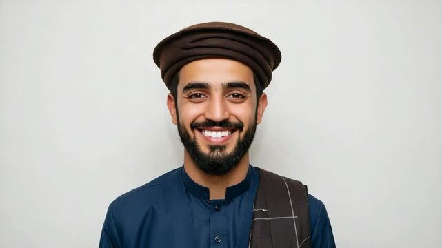 Pashtun man with warm smile gently blinking, wearing pakol hat and perahan tunic against a neutral white background