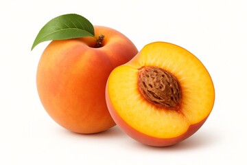 Fresh Peach Cut in Half Showcasing Juicy Flesh and Pit With Green Leaf on a White Background